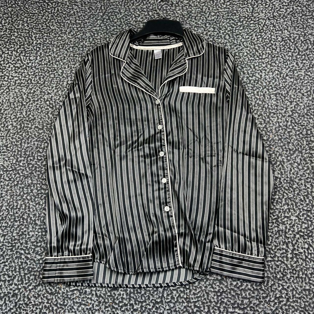 Jennifer Lopez Intimates Pajama Top Small Black White Striped Satin Button Up S
